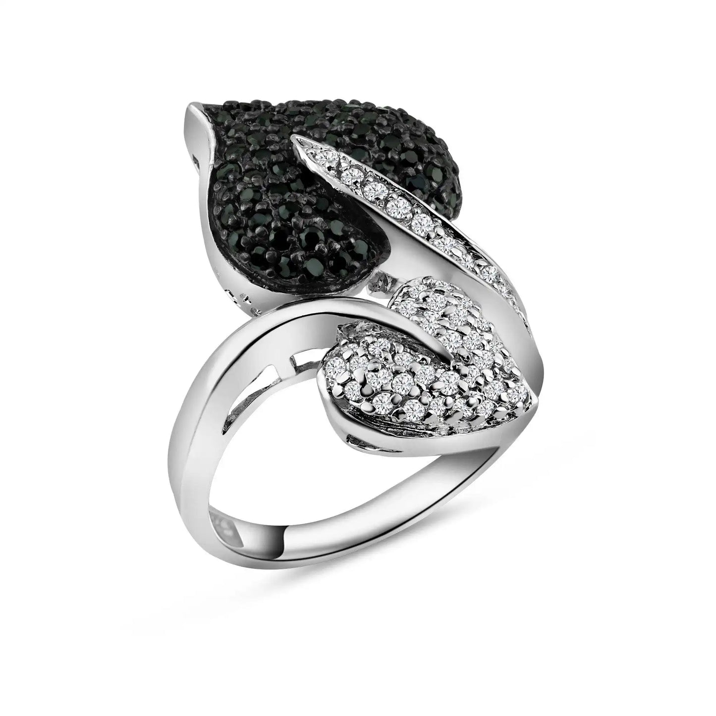 925 Sterling Silver Clearance Rhodium and Black Rhodium Plated Black and Clear CZ Leaf Ring