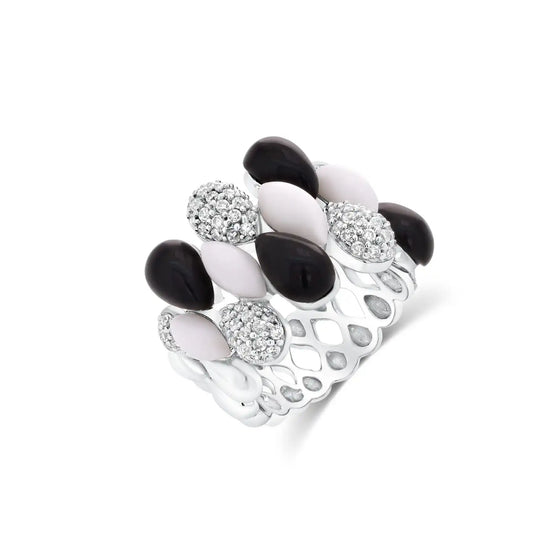 925 Sterling Silver Clearance Rhodium Plated Multi Shaped Onyx White Enamel Clear CZ Ring