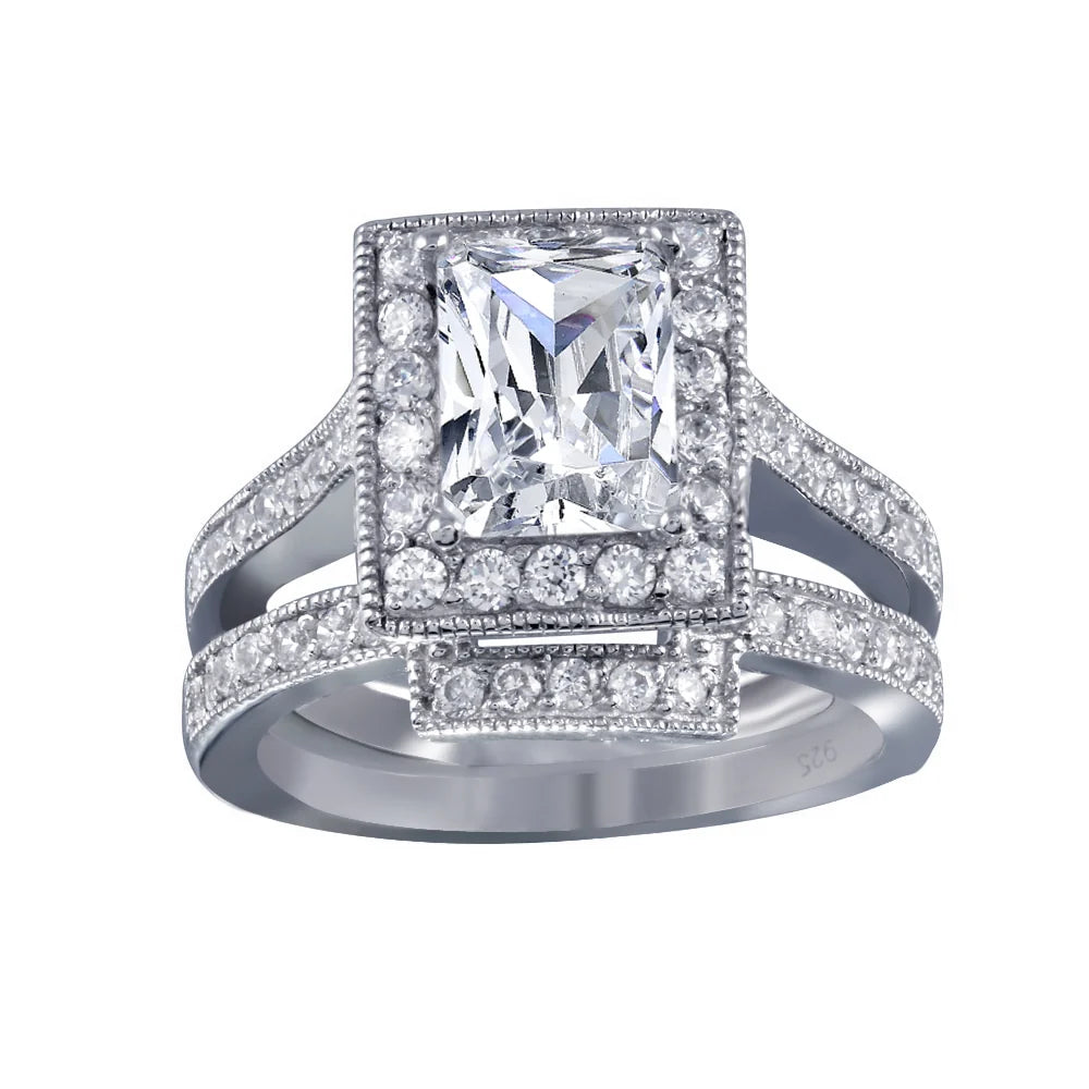 925 Sterling Silver Rhodium Plated Clear CZ Square Bridal Ring Set