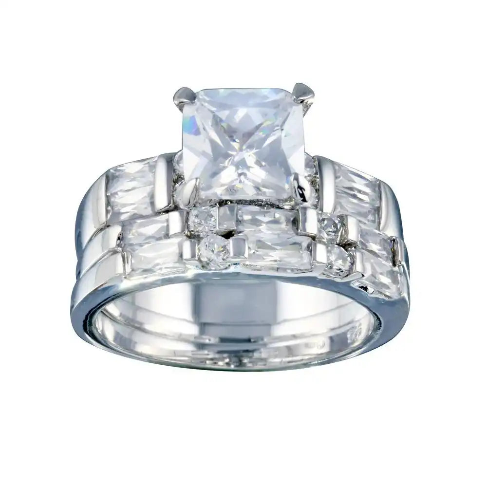 925 Sterling Silver Rhodium Plated Clear Baguette Round Square Center CZ Bridal Ring Set