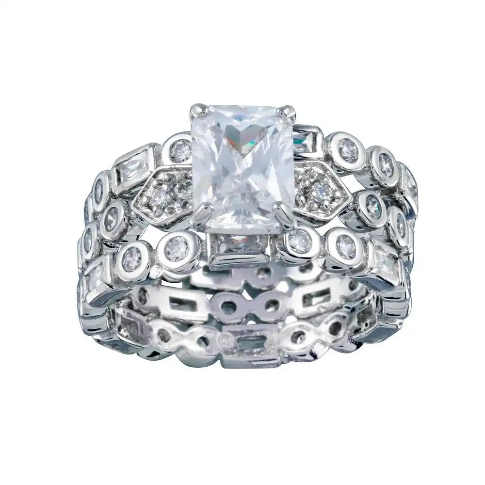 925 Sterling Silver Rhodium Plated Clear CZ Multi Shaped Bridal Engagement Ring Set