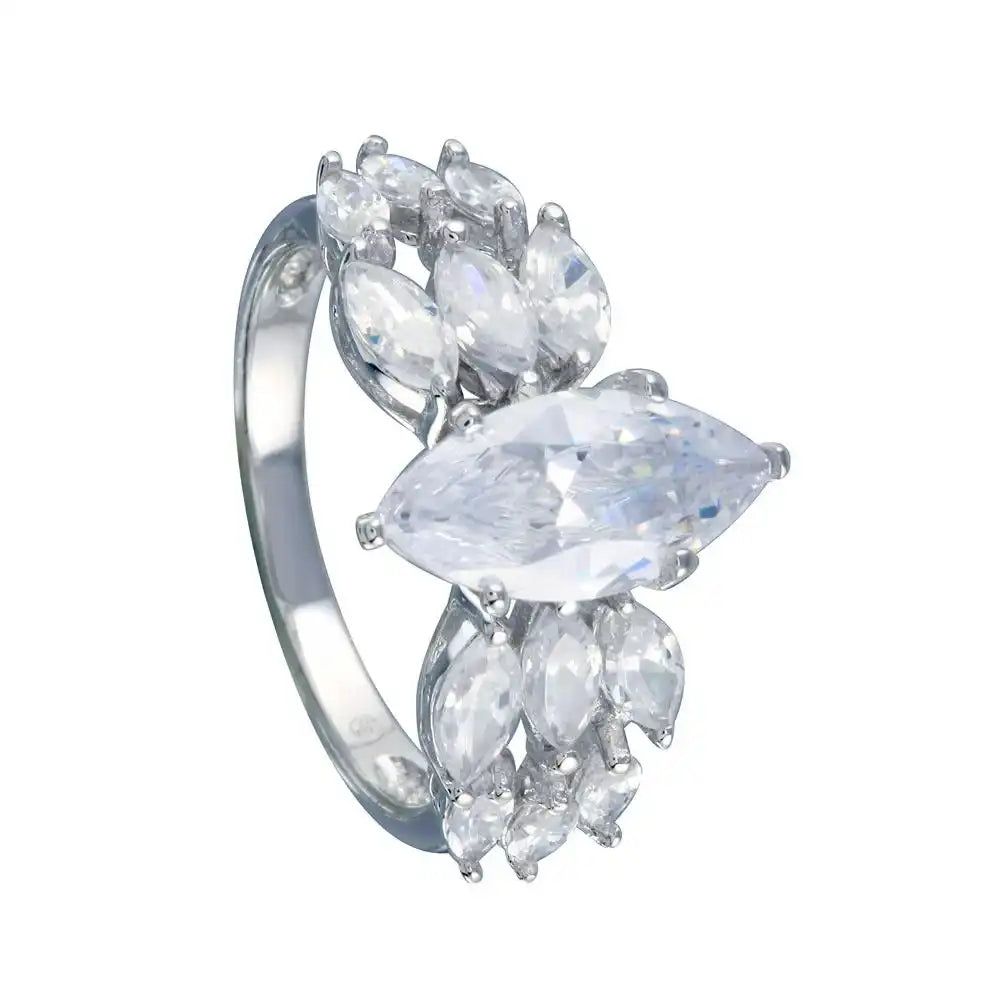 925 Sterling Silver Rhodium Plated Clear Marquise Center CZ Bridal Ring