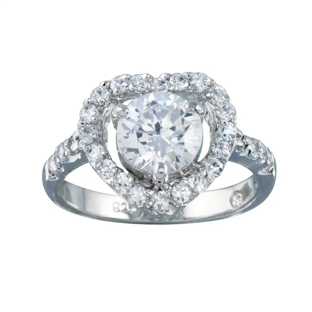 925 Sterling Silver Rhodium Plated Clear Center CZ Heart Bridal Ring