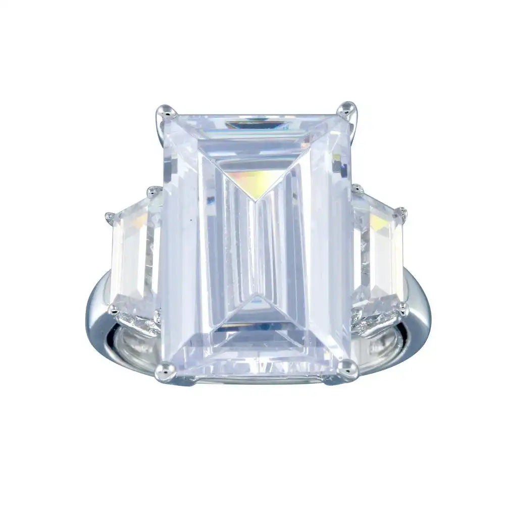 925 Sterling Silver Rhodium Plated Clear Baguette and Rectangular Center CZ Bridal Ring
