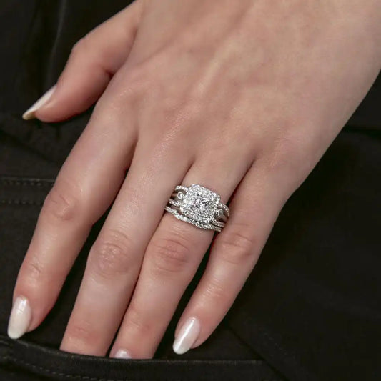 925 Sterling Silver Rhodium Plated Clear CZ Bridal Multi Layer Square Ring Set