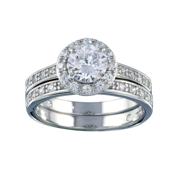 925 Sterling Silver Rhodium Plated Clear CZ Round Bridal Ring Set