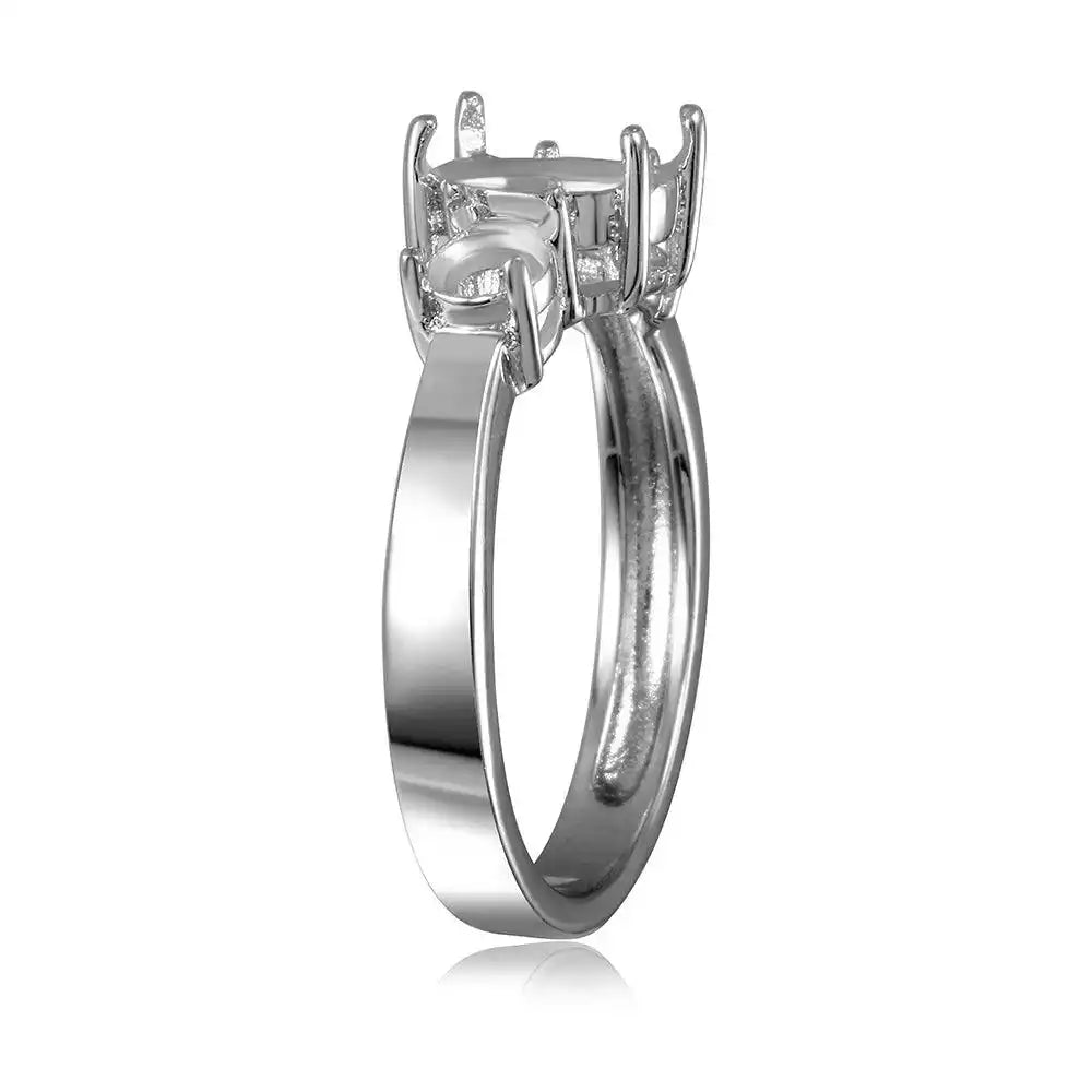 925 Sterling Silver Rhodium Plated 3 Stone Oval Center Mounting Ring