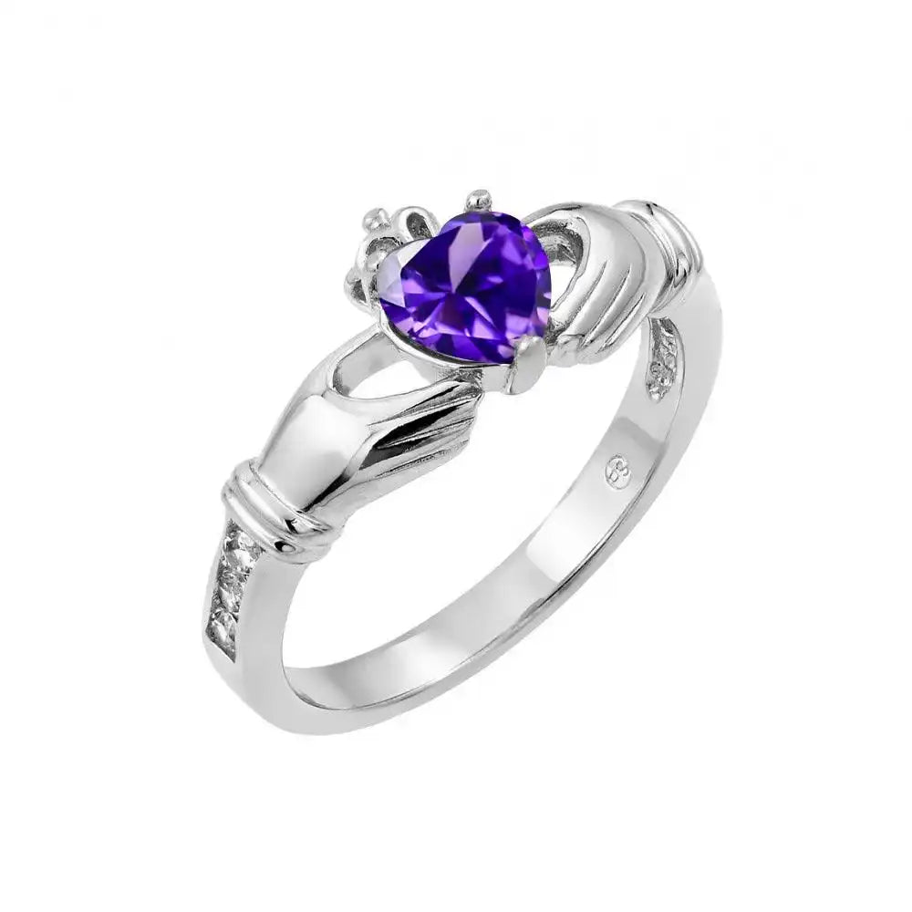 925 Sterling Silver Rhodium Plated Purple Heart CZ Claddagh Ring