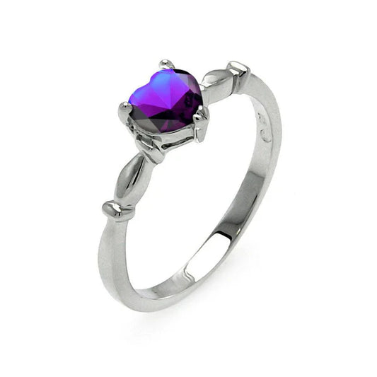 925 Sterling Silver Rhodium Plated CZ Heart Purple February Ring