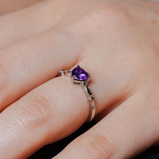 925 Sterling Silver Rhodium Plated CZ Heart Purple February Ring