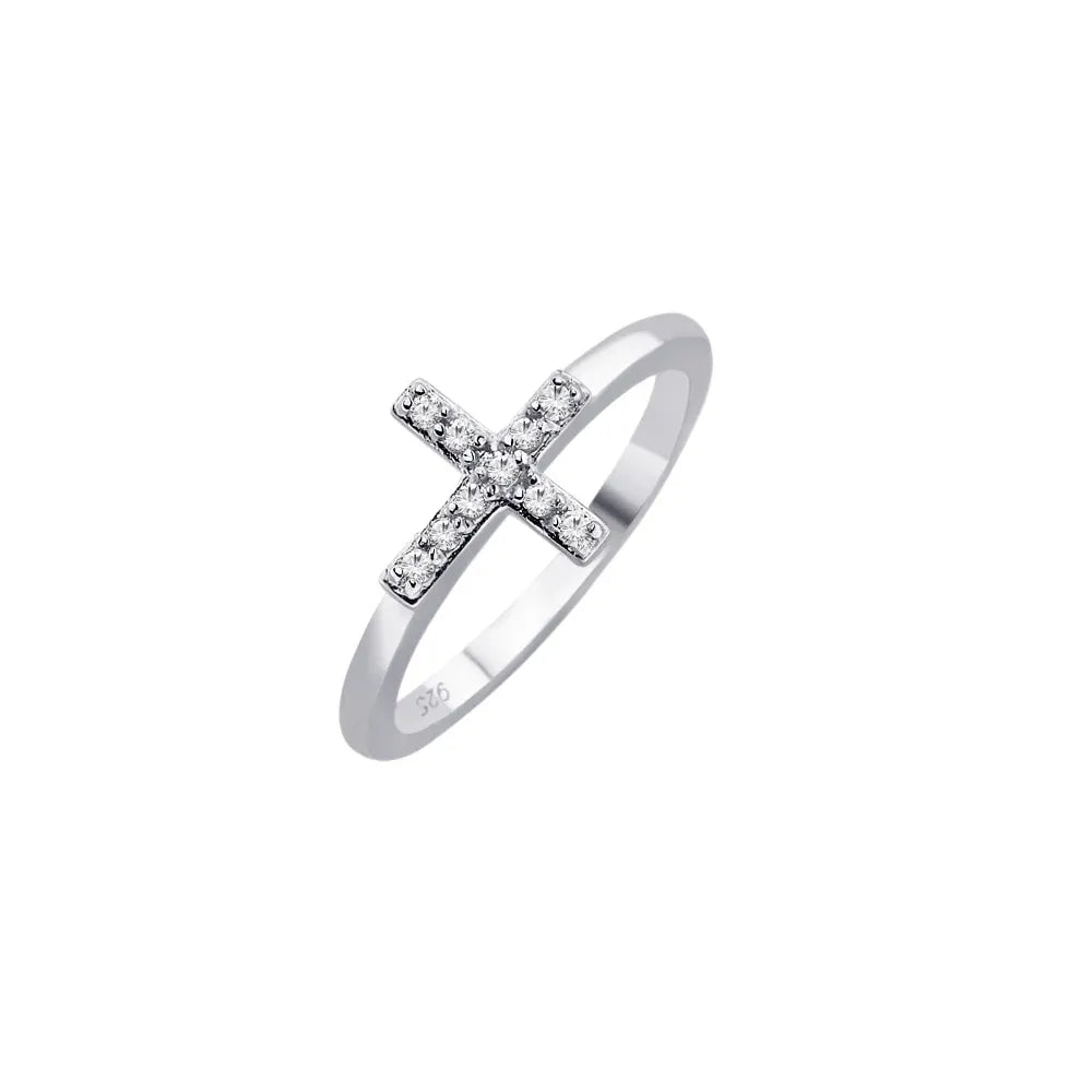 925 Sterling Silver Rhodium Plated Clear CZ Mini Cross Ring