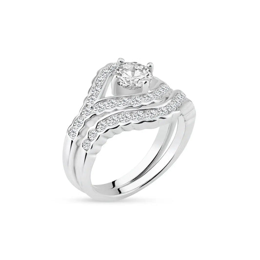 925 Sterling Silver Rhodium Plated Clear Micro Pave Set CZ Estate Engagement Ring Set