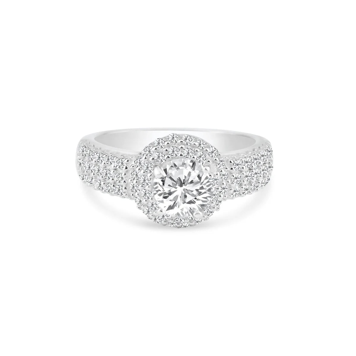 925 Sterling Silver Rhodium Plated Clear Micro Pave Set CZ Round Bridal Ring