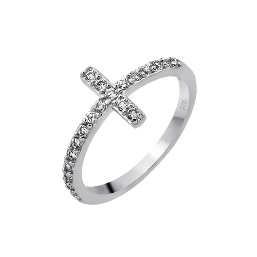 925 Sterling Silver Rhodium Plated Clear CZ Cross Ring