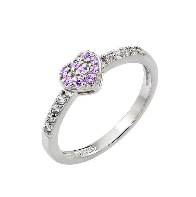 925 Sterling Silver Rhodium Plated Clear Inlay CZ February Birthstone Heart Ring