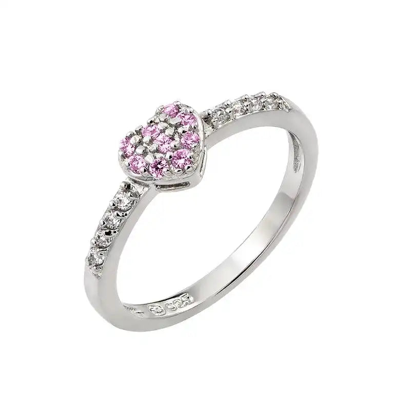 925 Sterling Silver Rhodium Plated Clear Inlay CZ October Birthstone Heart Ring