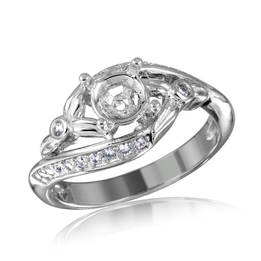 925 Silver Rhodium Plated Overlap CZ Flower Design Mounting Ring