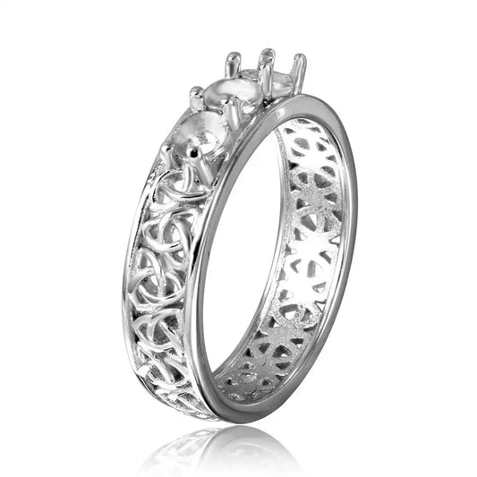 925 Sterling Silver Rhodium Plated Celtic Designed Band 3 Stones Mounting Ring