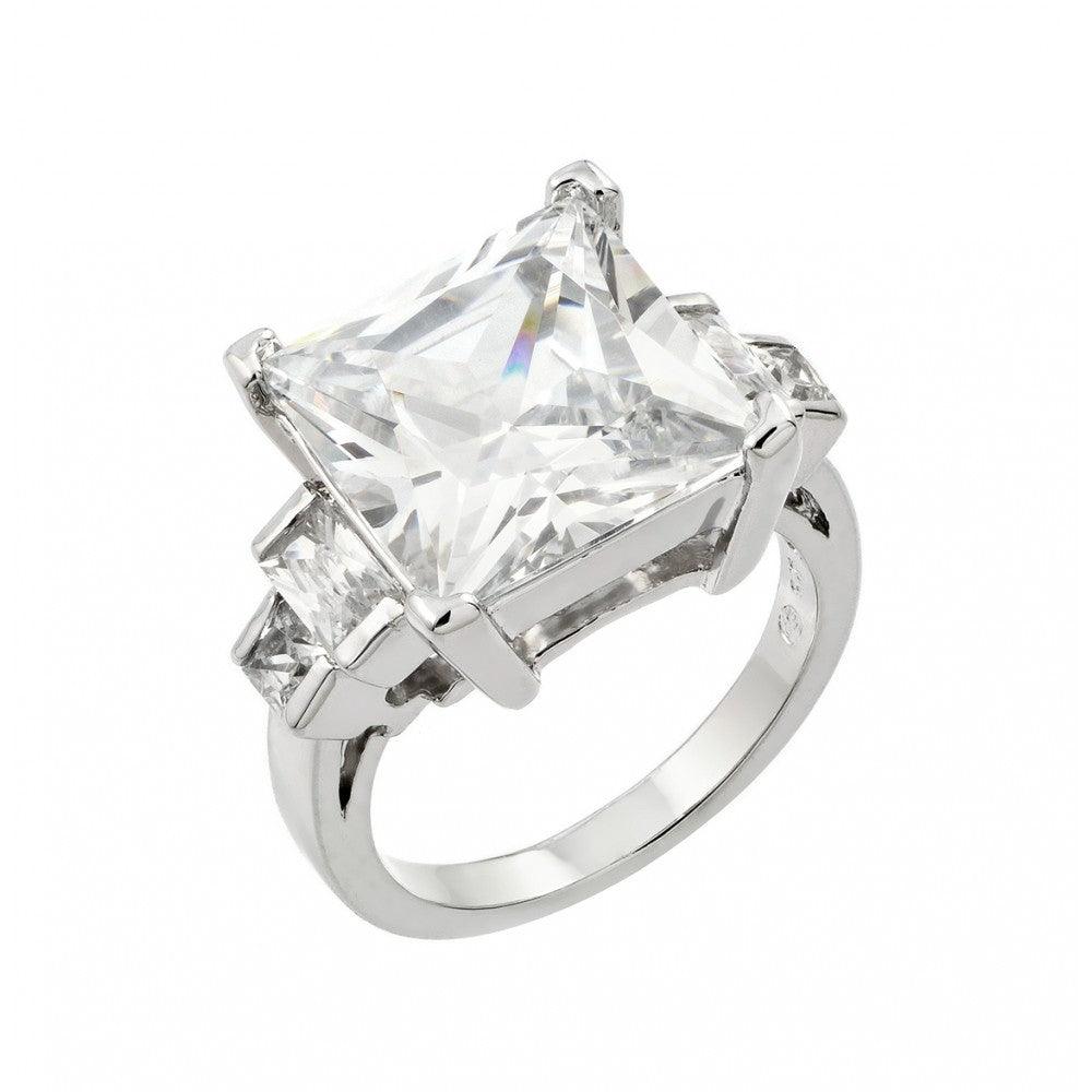 925 Silver Rhodium Plated Large Clear Square CZ Ring