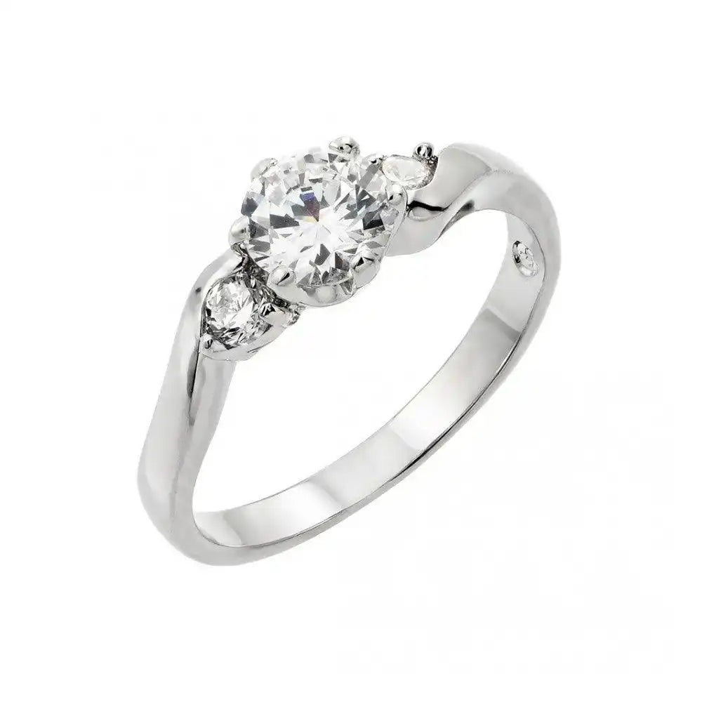 925 Sterling Silver Rhodium Plated 3 Stone Set CZ Past Present Future Curved Ring