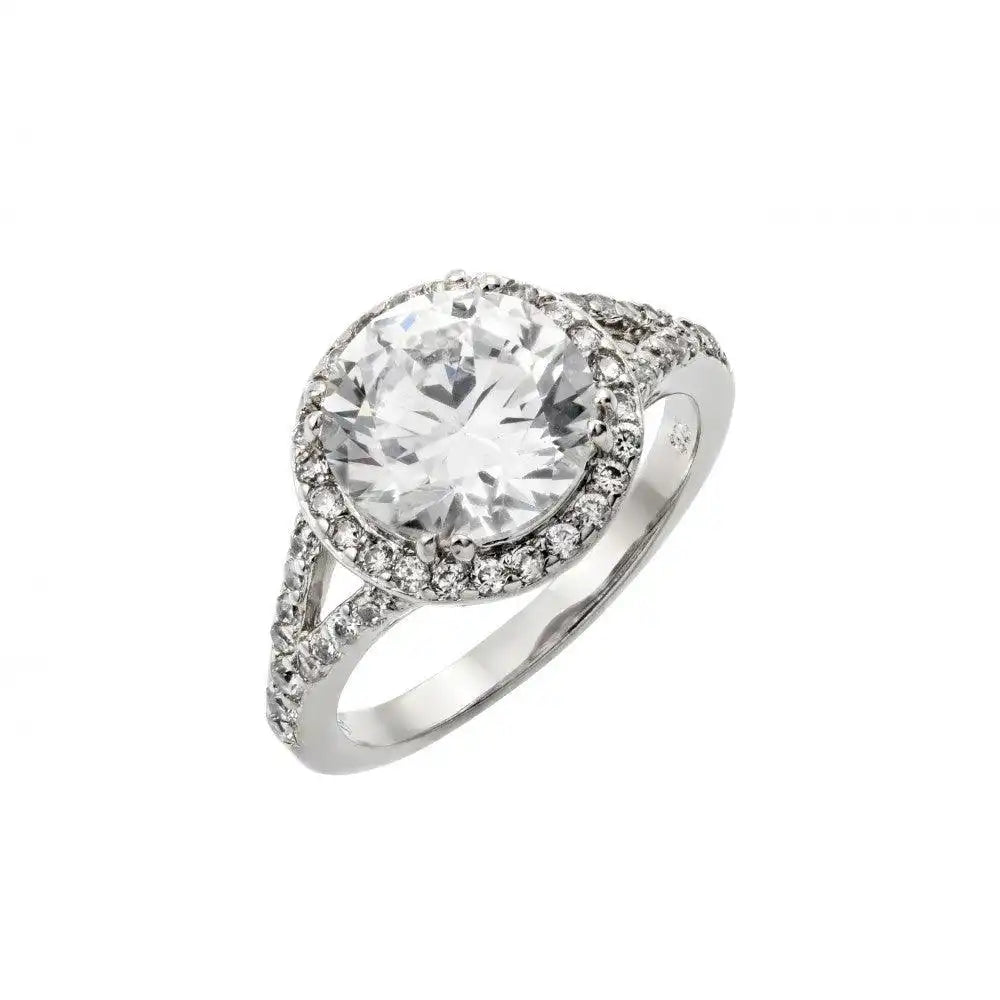925 Sterling Silver Rhodium Plated Clear Round and Cluster CZ Bridal Ring