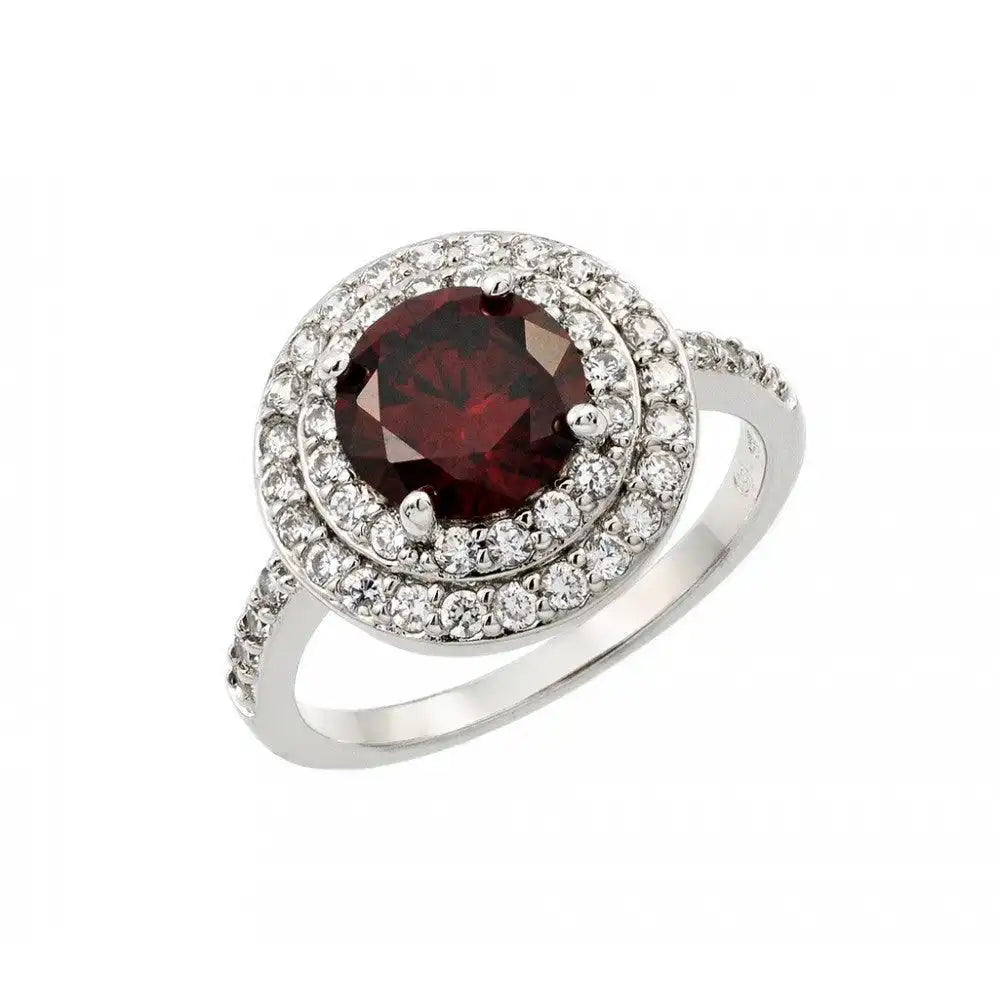 925 Sterling Silver Rhodium Plated Red Center and Clear Cluster CZ Ring