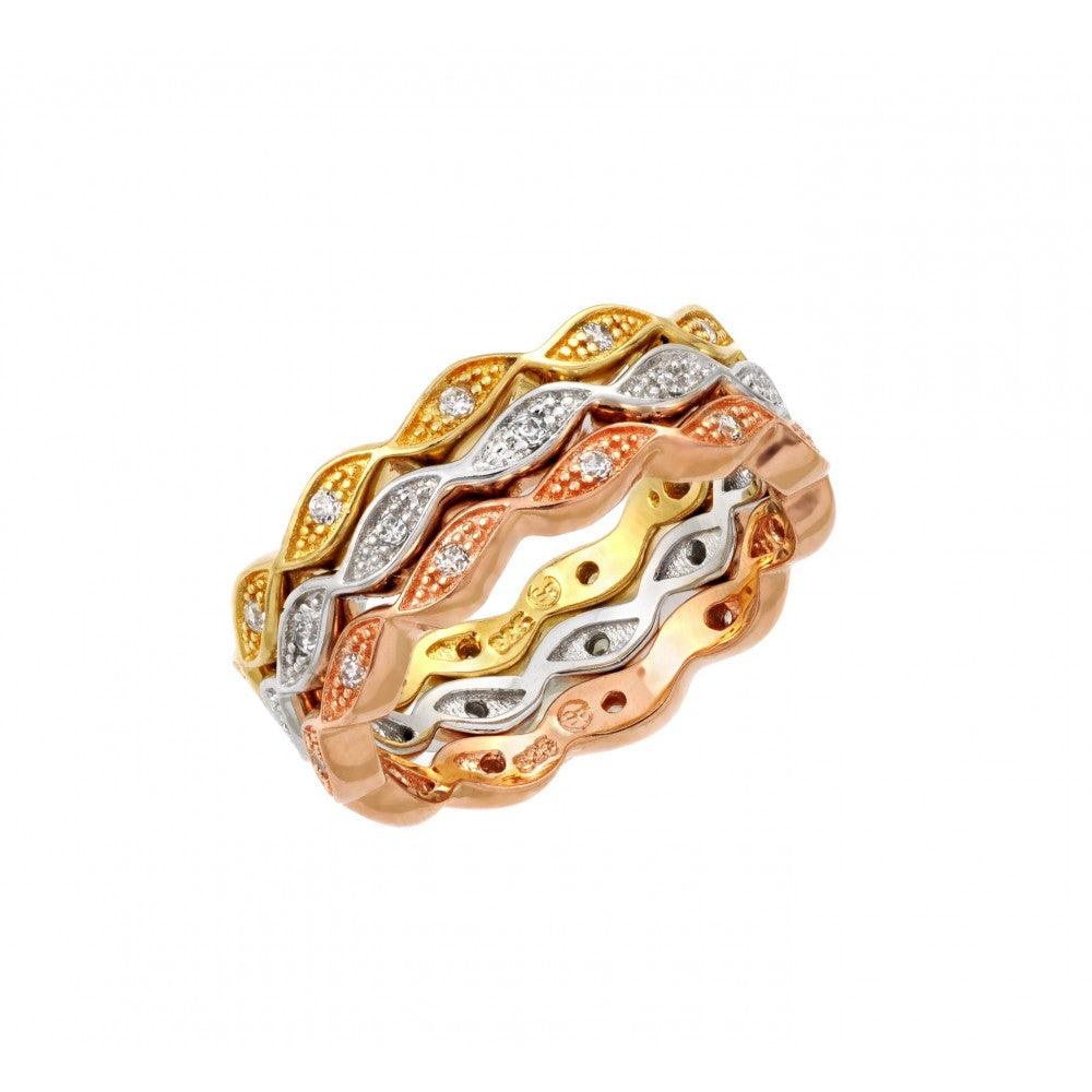 925 Silver Rhodium Rose Gold and Gold Plated 3 Tone Stackable Eternity Ring Set
