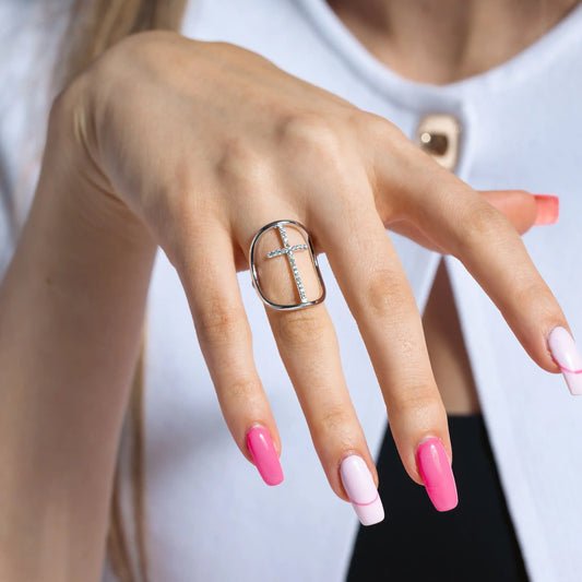 925 Sterling Silver Rhodium Plated Cross Ring