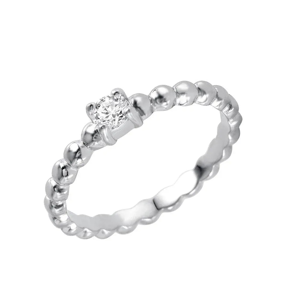 925 Sterling Silver Rhodium Plated Clear CZ Bead Ring