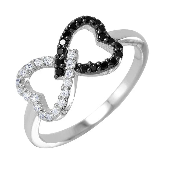 925 Sterling Silver Rhodium Plated Rhodium and Black Open Twin Heart Ring