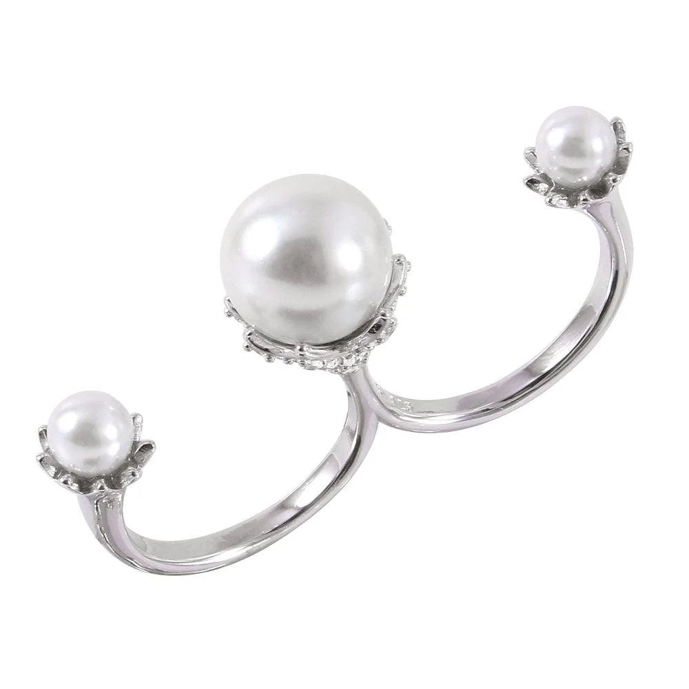 925 Silver Rhodium Plated Two Finger Open Ring with 3 White Synthetic Pearls