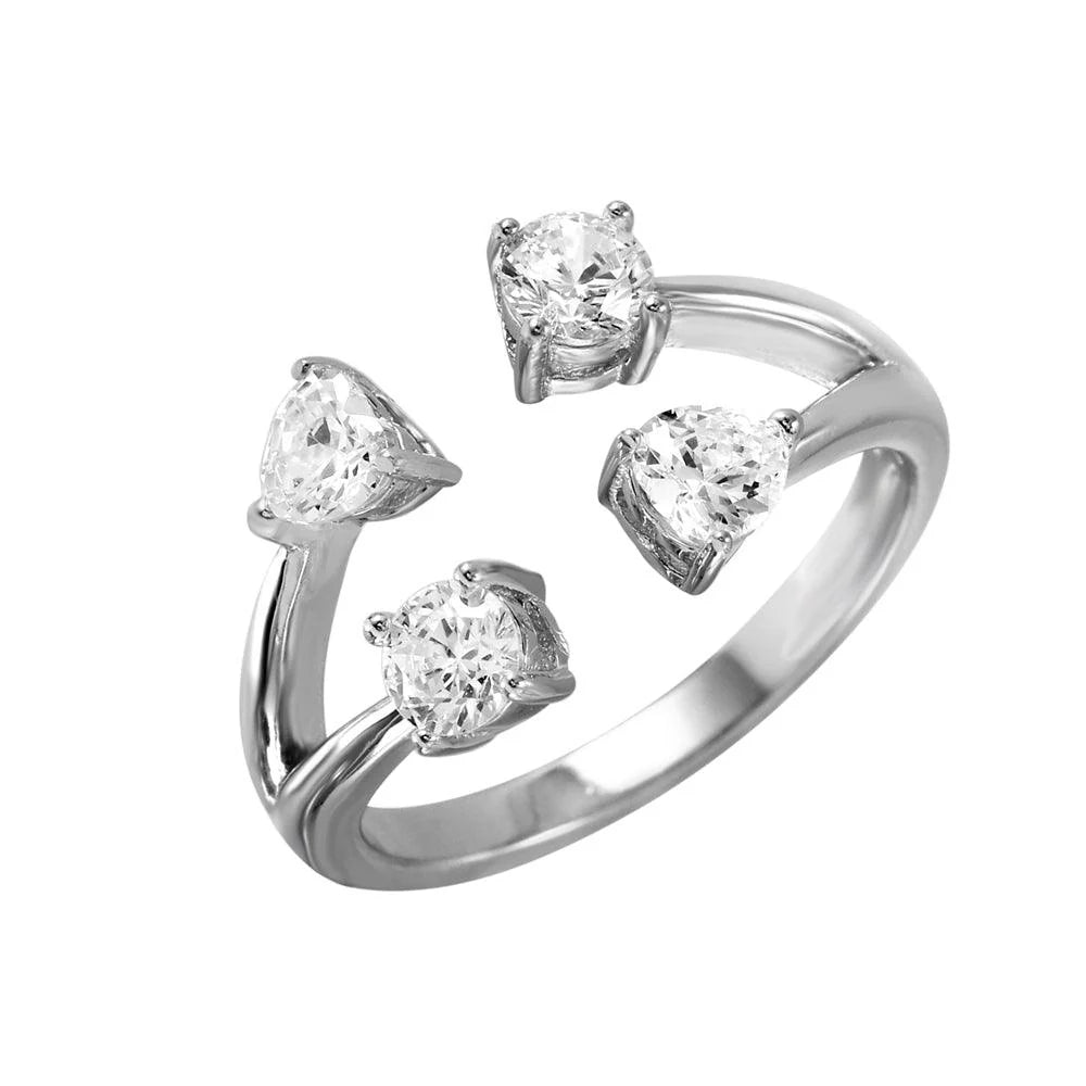 925 Silver Rhodium Plated 4 Ends Open Ring with CZ Accents Caps