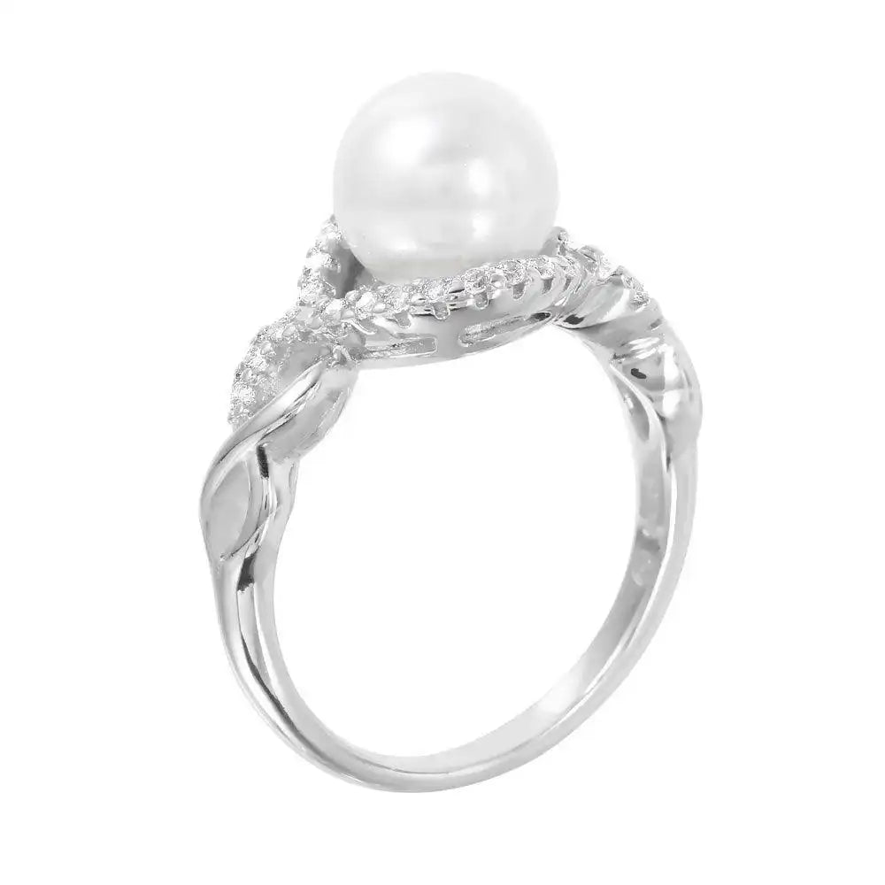 925 Sterling Silver Rhodium Plated CZ Accented Faux Pearl Ring