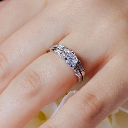 925 Sterling Silver Rhodium Plated Bridal Ring with Baguette CZ Stones