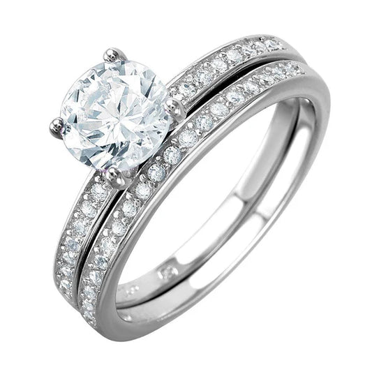 925 Sterling Silver Rhodium Plated Bridal Ring with Round CZ Center Stone