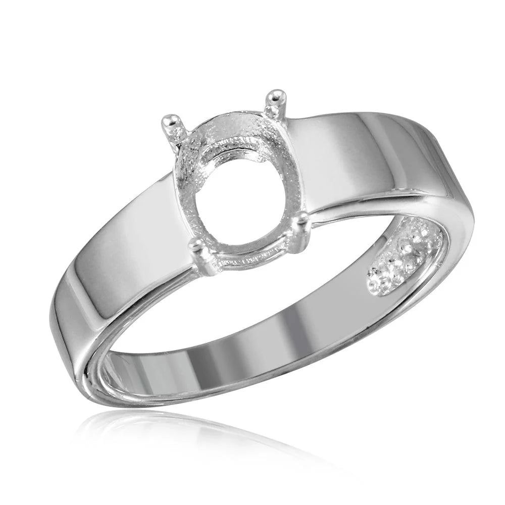 925 Silver Rhodium Plated High Polished Band Slanted Single Stone Mounting Ring