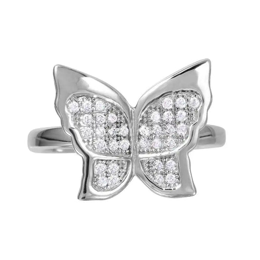 925 Sterling Silver Rhodium Plated Butterfly Ring with Micro Pave CZ Stones