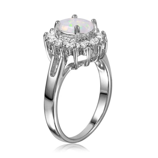 925 Sterling Silver Rhodium Plated Oval Halo Ring with Synthetic Opal Center Stone