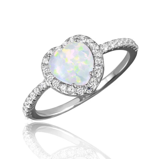 925 Sterling Silver Rhodium Plated Halo Heart Ring with Synthetic Opal and CZ
