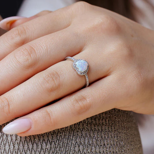 925 Sterling Silver Rhodium Plated Halo Heart Ring with Synthetic Opal and CZ