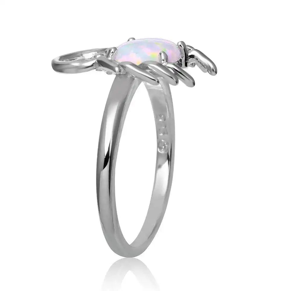 925 Sterling Silver Rhodium Plated Crab Design Ring with Synthetic Opal and CZ