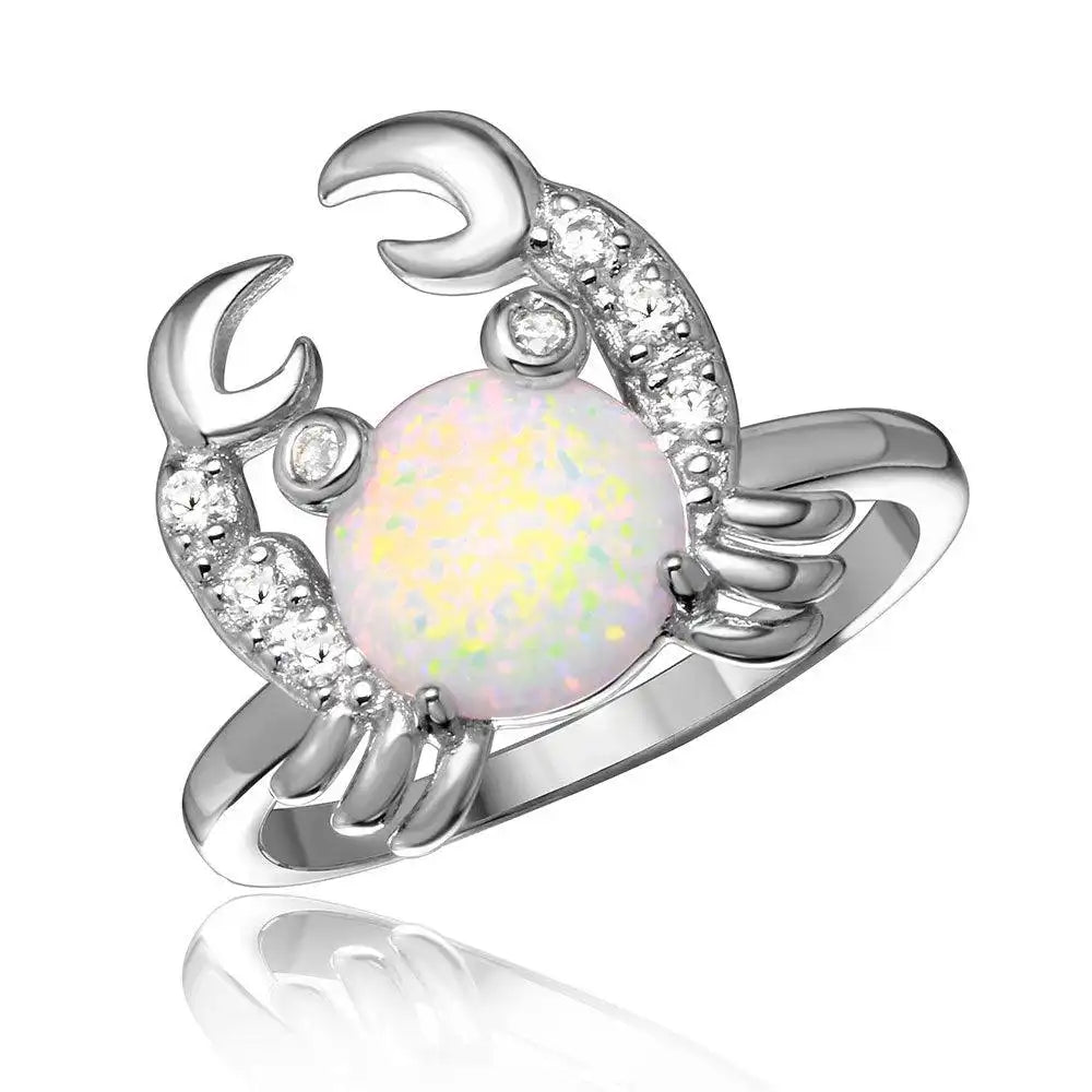 925 Sterling Silver Rhodium Plated Hanging Crab Design Ring with Synthetic Opal and CZ