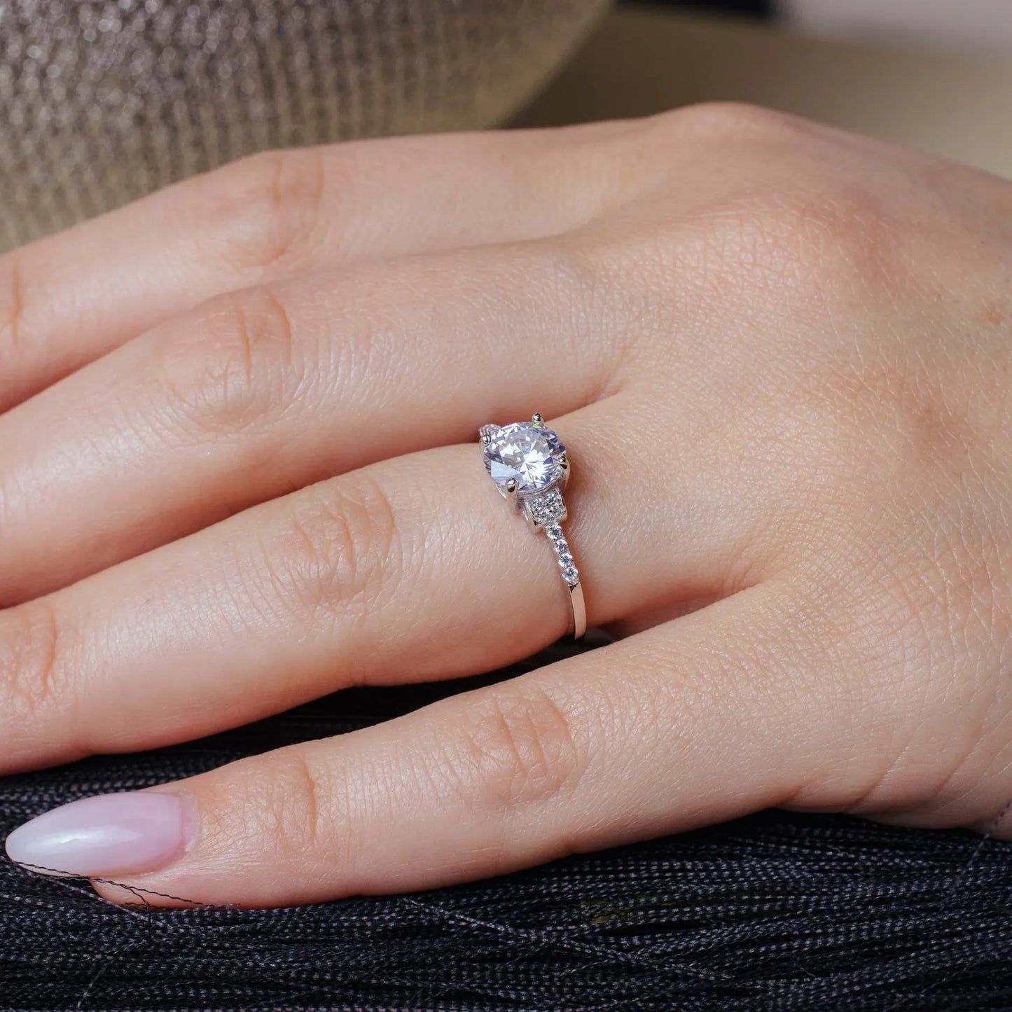 925 Sterling Silver Rhodium Plated Micro Pave Shank Round Center Stone Ring