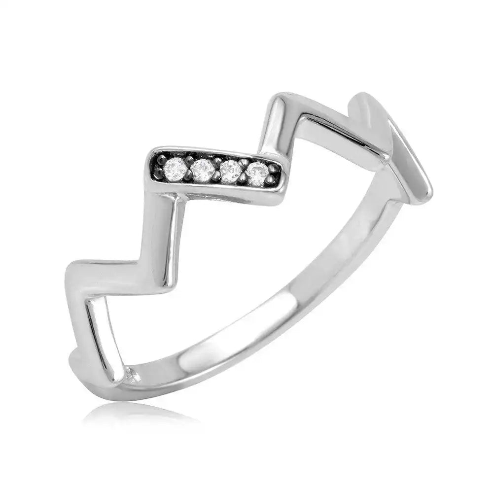 925 Sterling Silver Rhodium Plated ZigZag Ring with Cubic Zirconia Stones