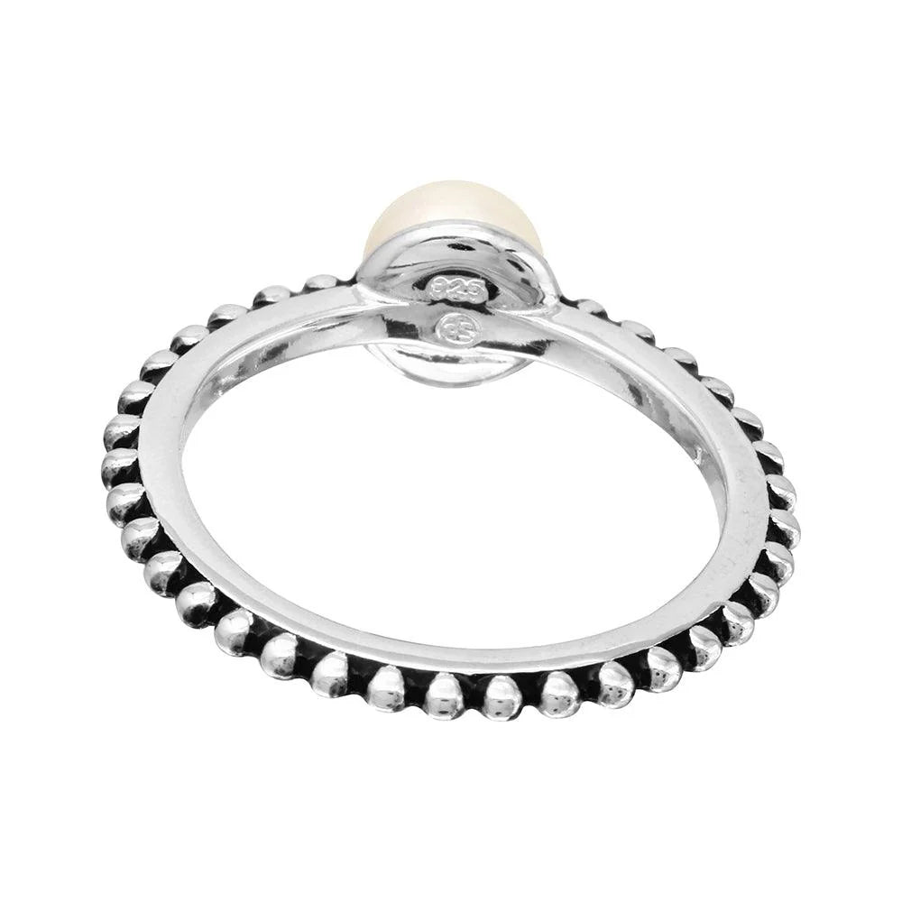 925 Sterling Silver Rhodium Plated Beaded Shank Fresh Water Center Pearl Ring