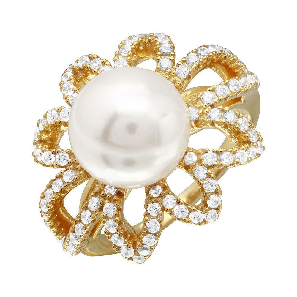 925 Sterling Silver Clearance - Gold Plated Open CZ Flower Ring with Synthetic Center Pearl