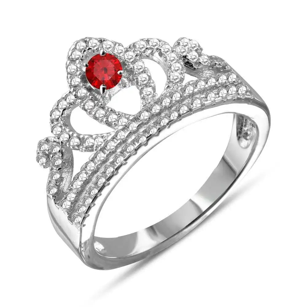 925 Sterling Silver Rhodium Plated Tiara with Red and Clear CZ Ring