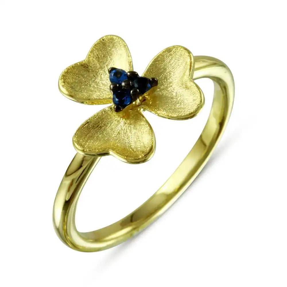 925 Sterling Silver Gold Plated and Matte Finish Flower Ring with Blue CZ