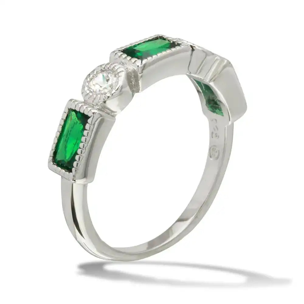 925 Sterling Silver Rhodium Plated Alternating Green Rectangle and Clear Round CZ Ring