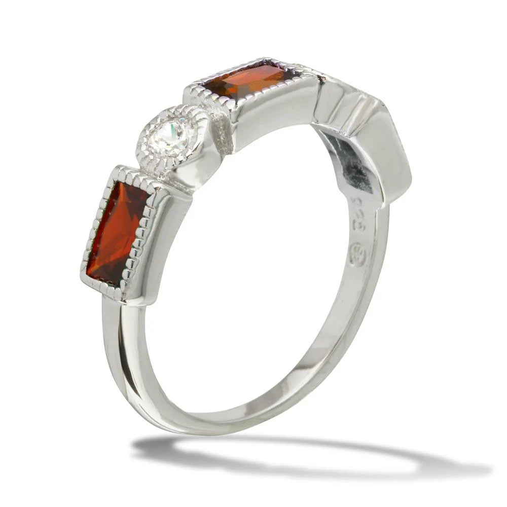 925 Sterling Silver Rhodium Plated Alternating Red Rectangle and Clear Round CZ Ring